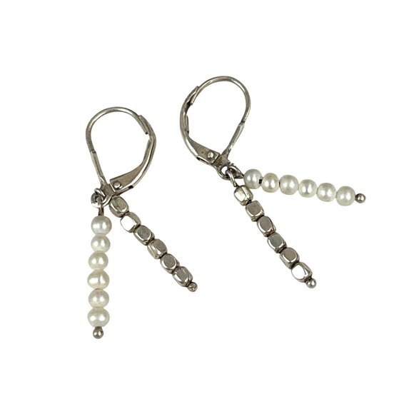 Sterling Silver & Pearl Dangle Earrings With Leverback Closure Vintage - Picture 7 of 8